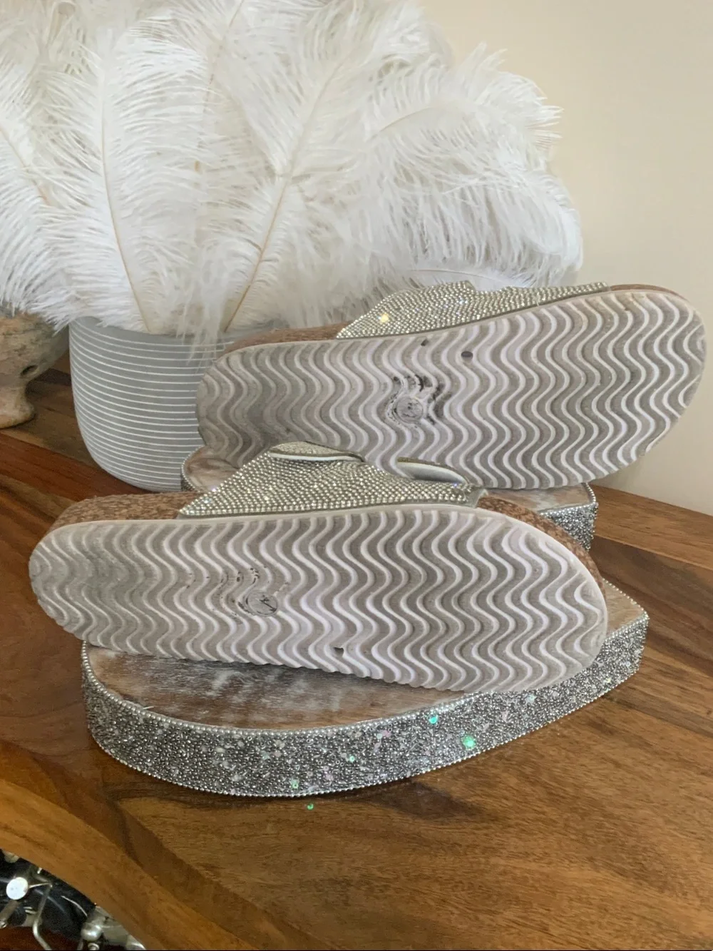 Nicole Miller Silver Crystal Embellished Cork Platform Sandals